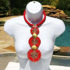 Handmade Boho Necklace Ethnic Tribal Seed Bead Red